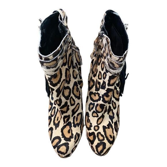 Sam Edelman | Keegan Leopard Animal Print Black Tan Calf Hair Fringe Ankle Boots - Picture 7 of 10